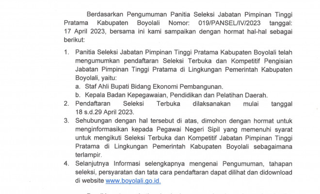 Pengumuman Seleksi Terbuka JPT Pratama Kabupaten Boyolali Tahun 2023